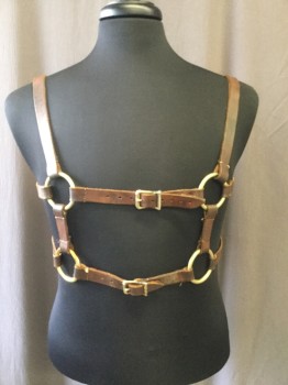 Unisex, Sci-Fi/Fantasy Harness, MTO, Brown, Bronze Metallic, Leather, Metallic/Metal, Solid, ADJ , Post apocalyptic Bondage Work Harness, Adjustable with Buckles Front and Shoulders, Easy on and Off Velcro Closures at Back