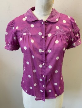 Womens, Blouse, MARC JACOBS, Purple, Off White, Cotton, Polka Dots, Sz.4, Lightweight/Sheer Cotton, Short Puffy Sleeves, Button Front, Peter Pan Collar, White Intricate Top Stitching at Collar, Cuffs and Triangles at Either Side of Yoke at Chest