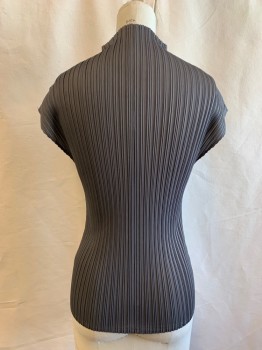 Womens, Top, N/L, Gray, Polyester, Solid, B32, Sleeveless, Stretch Poly with Variegated Pleats, Open Stand Up Collar