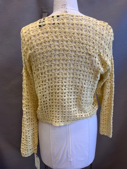 GAP, Lt Yellow, Silk, Cotton, Solid, Open Work Crochet, Wide Neck, Long Sleeves, Pullover,