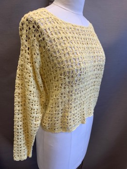 GAP, Lt Yellow, Silk, Cotton, Solid, Open Work Crochet, Wide Neck, Long Sleeves, Pullover,