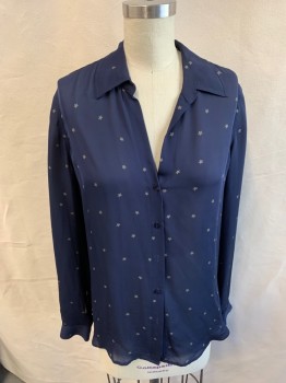 Womens, Blouse, N/L, Midnight Blue, Gray, Silk, Solid, Stars, S, Long Sleeves, Button Front, 5 Buttons, Collar