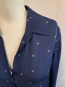 Womens, Blouse, N/L, Midnight Blue, Gray, Silk, Solid, Stars, S, Long Sleeves, Button Front, 5 Buttons, Collar