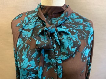 Womens, Blouse, WHO WHAT WEAR, Dk Brown, Teal Blue, Black, Polyester, Floral, XS, Stand Collar with Pussy Bow, Raglan Long Sleeves, 3 Button Cuffs, Center Back Zipper,