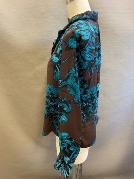 Womens, Blouse, WHO WHAT WEAR, Dk Brown, Teal Blue, Black, Polyester, Floral, XS, Stand Collar with Pussy Bow, Raglan Long Sleeves, 3 Button Cuffs, Center Back Zipper,