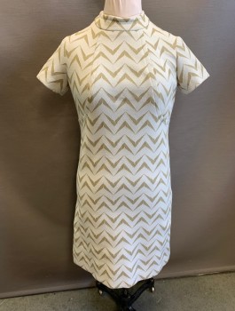 Womens, Dress, N/L, White, Beige, Polyester, Abstract , Zig-Zag , W:34, B:36, H:38, Short Sleeves, Mock Neck, Unusual Curved Bust Seams, Hem Above Knee,  Zipper in Back,
