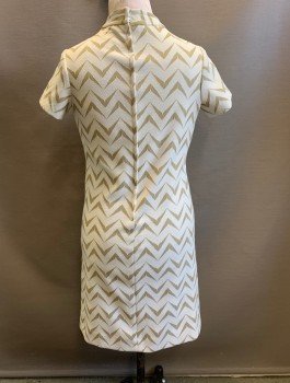 Womens, Dress, N/L, White, Beige, Polyester, Abstract , Zig-Zag , W:34, B:36, H:38, Short Sleeves, Mock Neck, Unusual Curved Bust Seams, Hem Above Knee,  Zipper in Back,