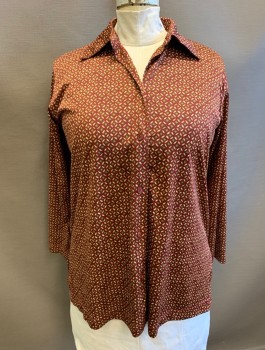 Womens, Blouse, PERSONA, Maroon Red, Beige, Avocado Green, Polyester, Abstract , B:44, Tiny Stars and Dashes Pattern, Long Sleeves, Button Front, V-neck, Collar Attached,