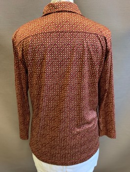 Womens, Blouse, PERSONA, Maroon Red, Beige, Avocado Green, Polyester, Abstract , B:44, Tiny Stars and Dashes Pattern, Long Sleeves, Button Front, V-neck, Collar Attached,