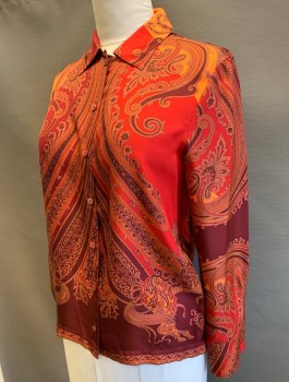 Womens, Blouse, N/L, Red, Orange, Red Burgundy, Silk, Paisley/Swirls, B:40, Long Sleeves, Button Front, Collar Attached, Paisley Pattern Forms 2 Horses at Back Waist,