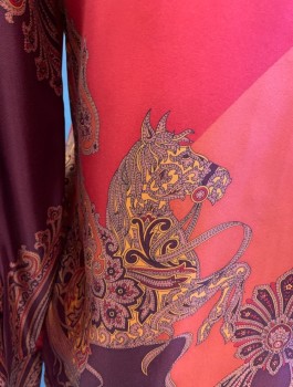 Womens, Blouse, N/L, Red, Orange, Red Burgundy, Silk, Paisley/Swirls, B:40, Long Sleeves, Button Front, Collar Attached, Paisley Pattern Forms 2 Horses at Back Waist,