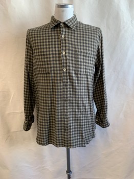 Mens, Historical Fiction Shirt, VENICE CUSTOM SHIRTS, Black, Khaki Brown, Wool, Plaid, C: 48, Pullover, Collar Attached, 1/2 Button Front, Long Sleeves, 2 Chest Pockets