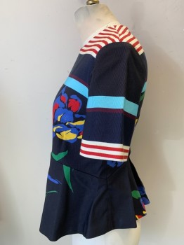 SUNO, Black, Navy Blue, Red, Ecru, Yellow, Cotton, Floral, Stripes - Horizontal , Faille Texture, Short Sleeves, Peplum, TV Alteration of 2 Back Darts and Center Back Invisible Zipper,