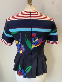 SUNO, Black, Navy Blue, Red, Ecru, Yellow, Cotton, Floral, Stripes - Horizontal , Faille Texture, Short Sleeves, Peplum, TV Alteration of 2 Back Darts and Center Back Invisible Zipper,