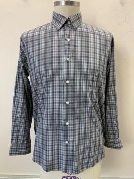Bloomingdales, Gray, Lt Gray, White, Red, Navy Blue, Cotton, Plaid, L/S, Button Front, Collar Attached