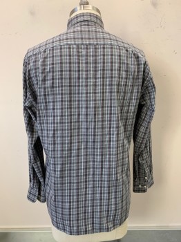 Bloomingdales, Gray, Lt Gray, White, Red, Navy Blue, Cotton, Plaid, L/S, Button Front, Collar Attached