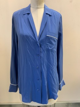 EQUIPMENT, Blue, Silk, Solid, L/S, Button Front, 1 Pocket with White Piping Detail As Well As on Cuffs, Pajama-like