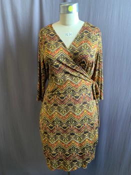 EMMA & MICHELLE, Yellow, Dk Red, Steel Blue, Black, Orange, Polyester, Spandex, Zig-Zag , Abstract , Wrap Dress, 3/4 Sleeve, Self Attached Belt