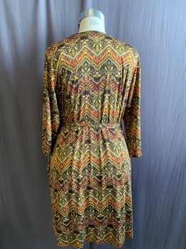 EMMA & MICHELLE, Yellow, Dk Red, Steel Blue, Black, Orange, Polyester, Spandex, Zig-Zag , Abstract , Wrap Dress, 3/4 Sleeve, Self Attached Belt