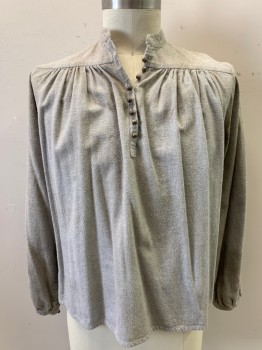 Mens, Historical Fiction Tunic, NL, Lt Gray, Cotton, Solid, Aged, Reproduction, Flannel, Round Wooden Beads for Buttons, L/S, Ruffled Seam at Chest/Shoulders