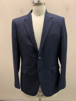 THEORY, Navy Blue, Wool, Plaid, Single Breasted, 2 Buttons, Notched Lapel, 3 Pockets,