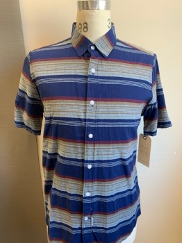 VOLCOM, Navy Blue, Red Burgundy, Tan Brown, Lt Blue, Cotton, Stripes - Horizontal , Short Sleeves, Button Front, Collar Attached,