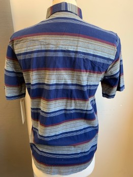 VOLCOM, Navy Blue, Red Burgundy, Tan Brown, Lt Blue, Cotton, Stripes - Horizontal , Short Sleeves, Button Front, Collar Attached,
