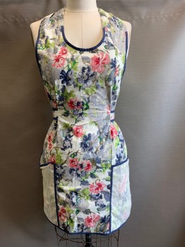 Womens, Apron , SUR LA TABLE, Navy Blue, Pink, Blue-Gray, Lt Green, Brown, Cotton, Floral, O/S, Navy Trim, Two Large Pockets, Thick Neck Ties