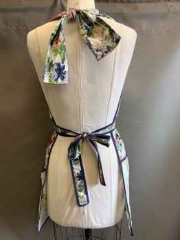 Womens, Apron , SUR LA TABLE, Navy Blue, Pink, Blue-Gray, Lt Green, Brown, Cotton, Floral, O/S, Navy Trim, Two Large Pockets, Thick Neck Ties