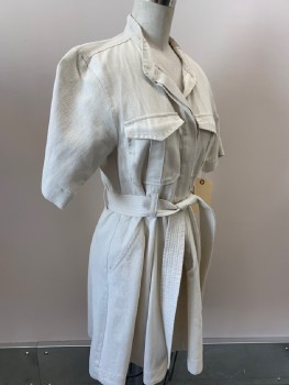 ALC, Off White, Cotton, Solid, B.F. Placket, Stitched Open Band Collar, 2 Flap Pockets, 2 Slant Pockets, Self Tie Belt, Pleated Skirt