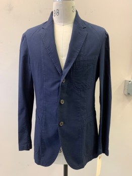 Ralph Lauren, Navy Blue, Cotton, Solid, Button Front, L/S, Notched Lapel, 3 Pockets,
