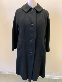 Womens, Coat, I. MAGNIN, Black, Wool, Solid, B:38, Raglan 3/4 Sleeves, Rounded Collar, 4 Buttons, Welt Pockets at Hips, Black Lining, A-Line, Knee Length