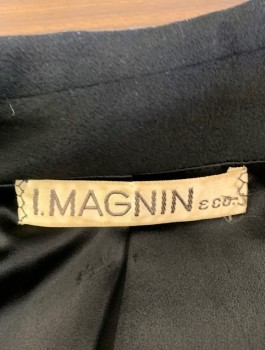I. MAGNIN, Black, Wool, Solid, Raglan 3/4 Sleeves, Rounded Collar, 4 Buttons, Welt Pockets at Hips, Black Lining, A-Line, Knee Length