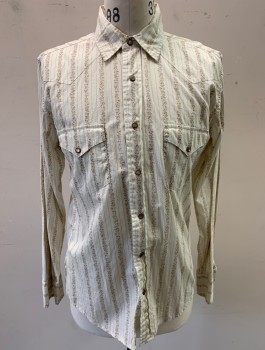 Mens, Western, AMERICAN EAGLE, Off White, Beige, Lt Blue, Cotton, Floral, Stripes - Vertical , M, L/S, Snap Front, Collar Attached, Western Style Yoke, 2 Pockets with Flaps