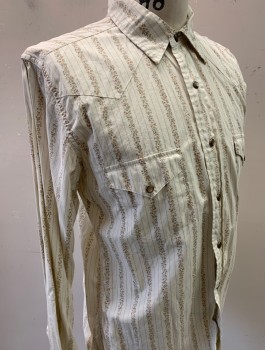 Mens, Western, AMERICAN EAGLE, Off White, Beige, Lt Blue, Cotton, Floral, Stripes - Vertical , M, L/S, Snap Front, Collar Attached, Western Style Yoke, 2 Pockets with Flaps