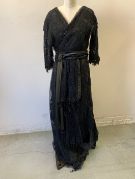 Womens, Evening Dress 1890s-1910s, N/L , Black, Silk, Swirl , Solid, W:28, B:36, H:38, 3/4 Sleeves, Surplice V-neck, Sheer Tulle Over Opaque Layer with Swirled Passementarie Underneath, Gathered Satin Waistband, Hanging Tabs at Waist with Tasseled Ends, Ankle Length,