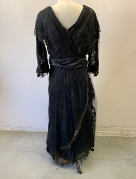 Womens, Evening Dress 1890s-1910s, N/L , Black, Silk, Swirl , Solid, W:28, B:36, H:38, 3/4 Sleeves, Surplice V-neck, Sheer Tulle Over Opaque Layer with Swirled Passementarie Underneath, Gathered Satin Waistband, Hanging Tabs at Waist with Tasseled Ends, Ankle Length,