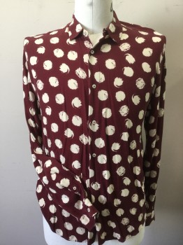 ZARA, Maroon Red, Cream, Viscose, Maroon with Cream Abstract Print, Collar Attached, Button Front, Long Sleeves,