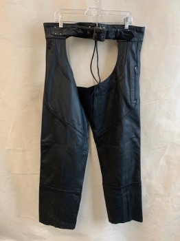 Mens, Chaps, HARLEY DAVIDSON, Black, Leather, Solid, XL, Gray Buckle, Leather Lacing at Back, Side Zippers on Each Leg, 4 Snaps By Hem, 2 Zip Pockets