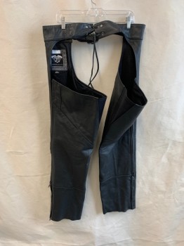 Mens, Chaps, HARLEY DAVIDSON, Black, Leather, Solid, XL, Gray Buckle, Leather Lacing at Back, Side Zippers on Each Leg, 4 Snaps By Hem, 2 Zip Pockets