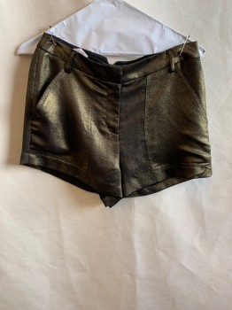 Womens, Shorts, BCBG, Bronze Metallic, Polyester, XS, Slant Pockets, Zip Front, 2 Welt Pockets