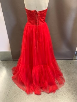 NL, Red, Polyester, Nylon, Strapless, Structured Bodice With Boning, Pleated Tulle Over Bust, Lace Up Back, Tulle Skirt, Ruffle Hem, Ball Gown, Floor Length