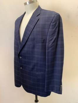 JACK VICTOR, Navy Blue, Slate Blue, Wool, Plaid, Single Breasted, Notched Lapel, 2 Buttons, 3 Pockets