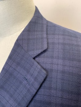 JACK VICTOR, Navy Blue, Slate Blue, Wool, Plaid, Single Breasted, Notched Lapel, 2 Buttons, 3 Pockets