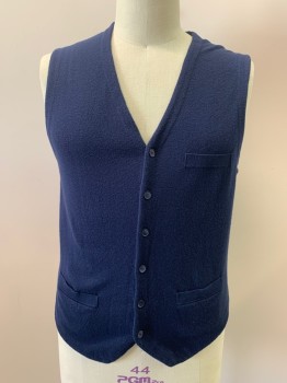 Mens, Sweater Vest, JOS A BANK, Navy Blue, Cotton, Nylon, L, V-N, Single Breasted, Button Front, 3 Pockets
