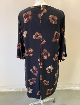 TOMMY HILFIGER, Black, Brown, Polyester, Elastane, Floral, 3/4 Sleeve with Self Ruffle, Scoop Neck, Shift Dress, Knee Length, Zipper in Back