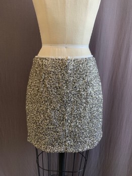 TOPSHOP, Silver, Black, Polyester, Mottled, Silver Sequins with Mottle Black/Silver Thread, White Faille Waist Trim, Back Zip