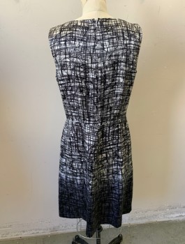 CALVIN KLEIN, Black, White, Gray, Silk, Abstract , Crosshatched Sketchy Lines Pattern, Satin, Bottom is Ombre Into Gray Background, Round Neck, 1 Pleat at Center Front Waist, Knee Length, Invisible Zipper in Back