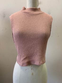 STEPPING STONE, Mauve Pink, Polyester, Rayon, Solid, Sleeveless, High Neck, Ribbed, Cropped