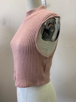 STEPPING STONE, Mauve Pink, Polyester, Rayon, Solid, Sleeveless, High Neck, Ribbed, Cropped